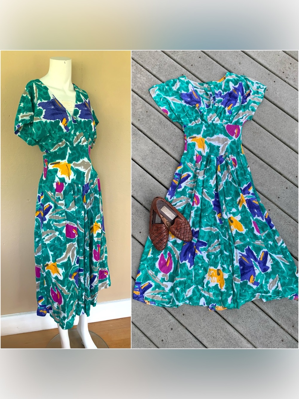 Vintage Teal Floral A-Line Midi Dress | Vibrant Button Up V-Neck Babydoll Dress